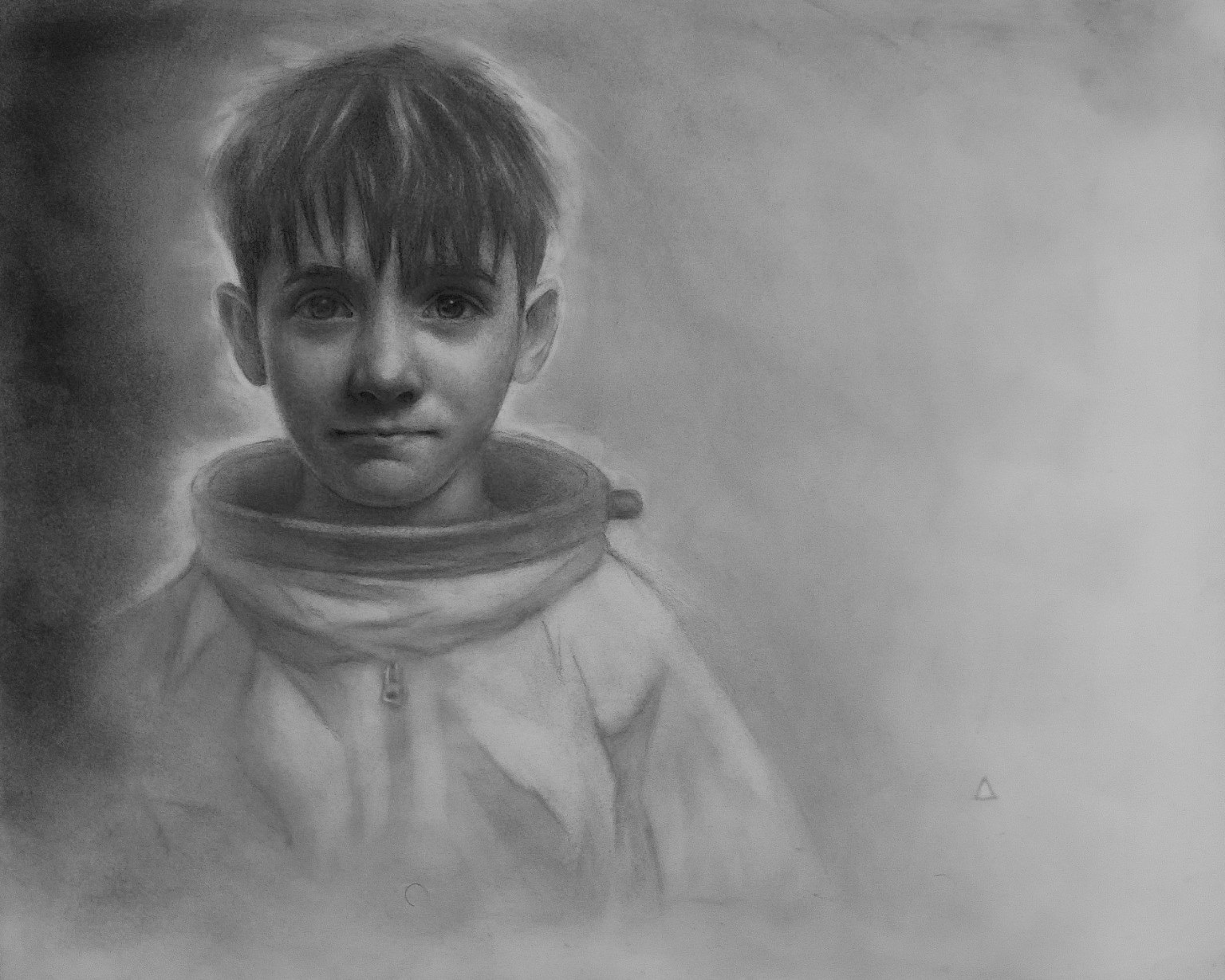 Graphite portrait of a young person in a high-collared jacket