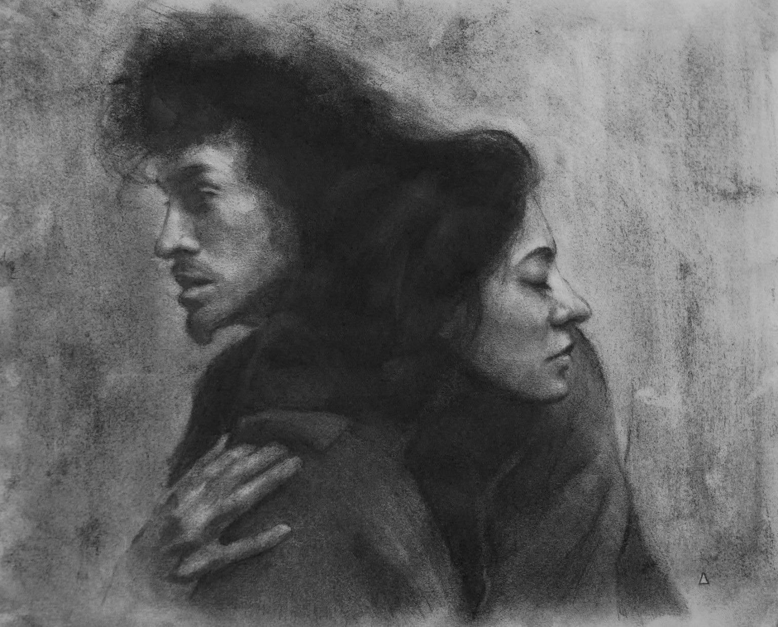 Graphite double portrait of a man and an infant