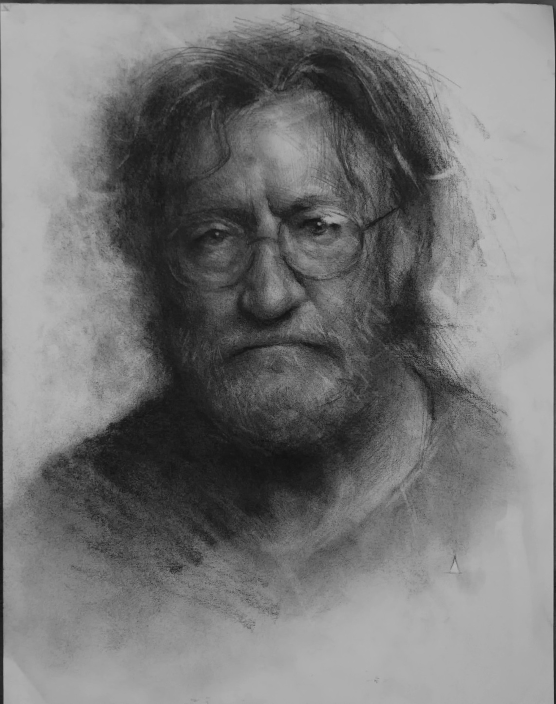 Graphite portrait of an older bearded man wearing glasses