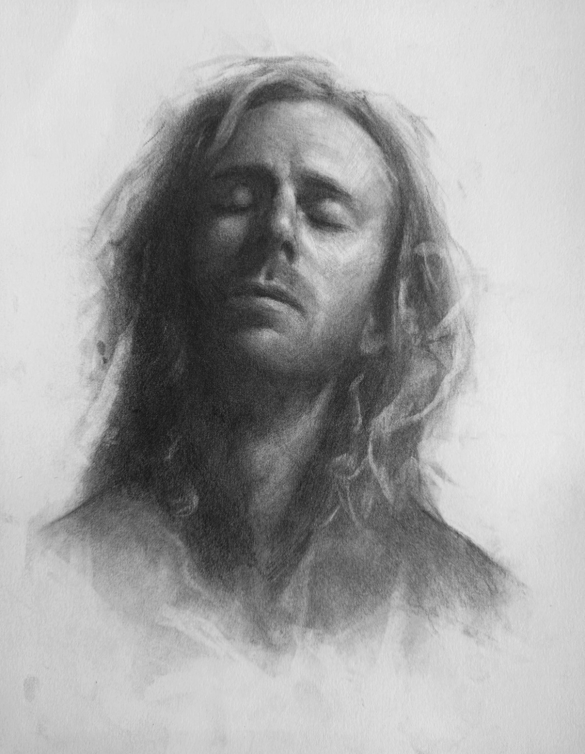 Graphite portrait of a man with closed eyes and head tilted back
